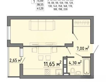 1-к. квартира, 41,2&nbsp;м²