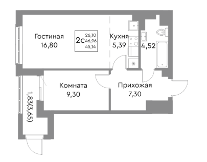2-к. квартира, 45,9&nbsp;м²