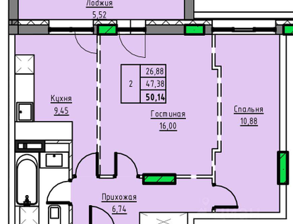 2-к. квартира, 50,1&nbsp;м²