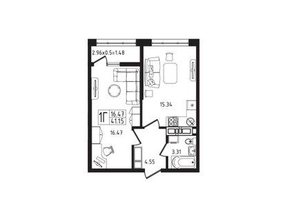 1-к. квартира, 41&nbsp;м²