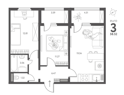 2-к. квартира, 58,5&nbsp;м²