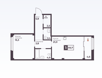 1-к. квартира, 55,7&nbsp;м²