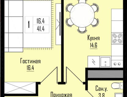 1-к. квартира, 41,4&nbsp;м²