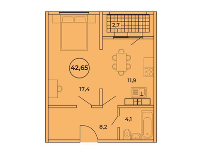 1-к. квартира, 42,5&nbsp;м²