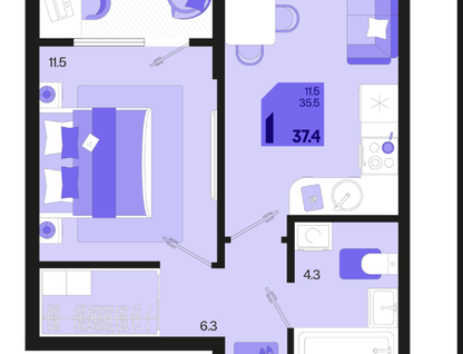 1-к. квартира, 37,4&nbsp;м²