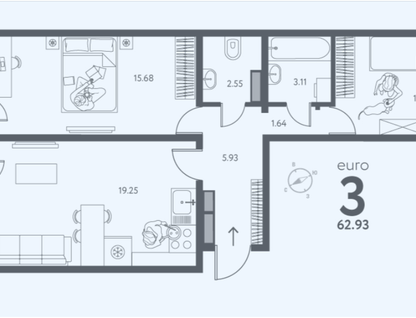2-к. квартира, 62,9 м²