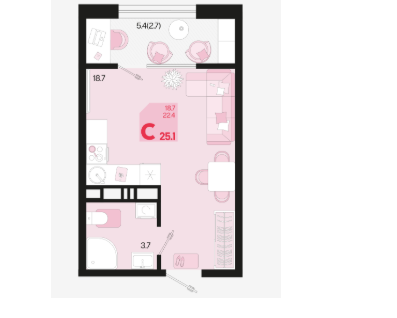 Студия, 25,1 м²