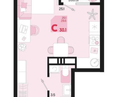 Студия, 30,1&nbsp;м²