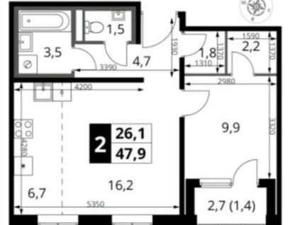 2-к. квартира, 47,9&nbsp;м²