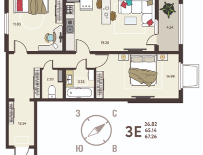 2-к. квартира, 67,3&nbsp;м²