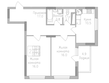 2-к. квартира, 67,8&nbsp;м²