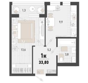 1-к. квартира, 33,8&nbsp;м²