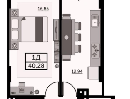 1-к. квартира, 40&nbsp;м²
