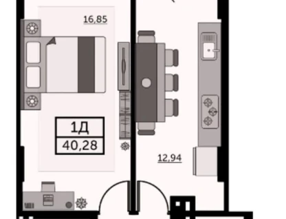 1-к. квартира, 40&nbsp;м²