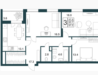 3-к. квартира, 87,5&nbsp;м²