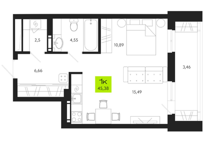 1-к. квартира, 45,4&nbsp;м²