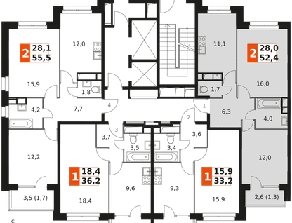2-к. квартира, 52&nbsp;м²