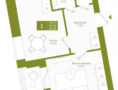 1-к. квартира, 44,5 м²