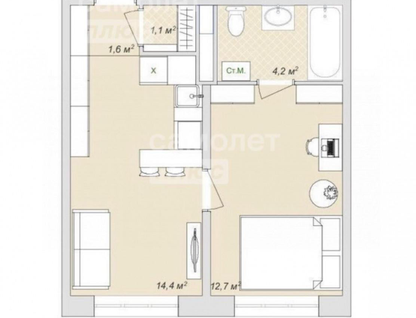 2-к. квартира, 34&nbsp;м²