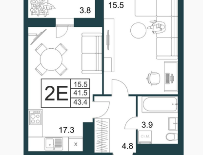 1-к. квартира, 43,4&nbsp;м²