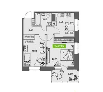 2-к. квартира, 47,8&nbsp;м²