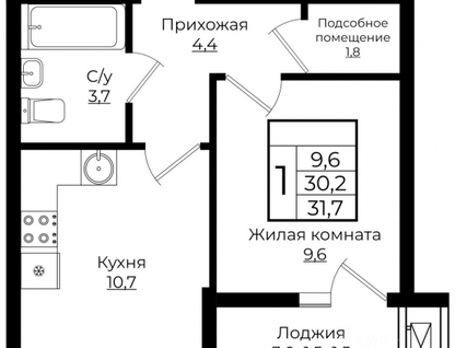 1-к. квартира, 31,7 м²