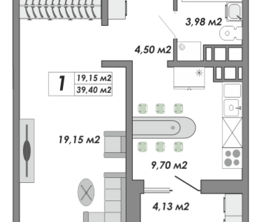 1-к. квартира, 39,4&nbsp;м²