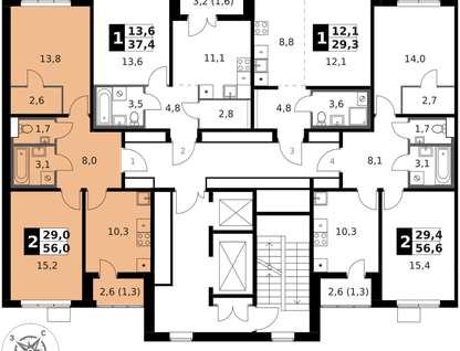 2-к. квартира, 56 м²