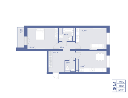 3-комнатная квартира, 69&nbsp;м²