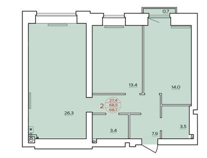 2-к. квартира, 68,5&nbsp;м²