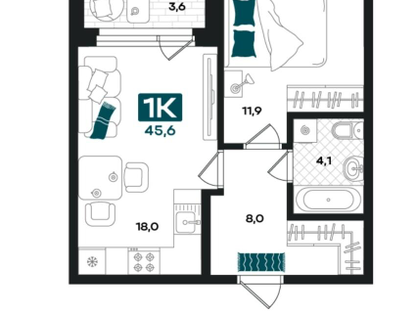 1-к. квартира, 46,6&nbsp;м²