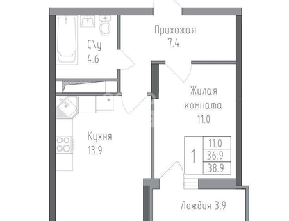 1-к. квартира, 38,9&nbsp;м²