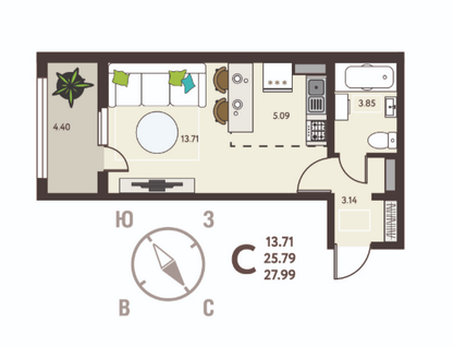 Студия, 28&nbsp;м²