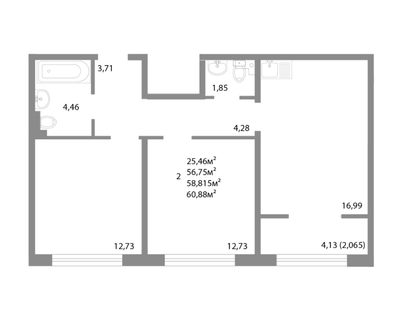 2-к. квартира, 58,8&nbsp;м²