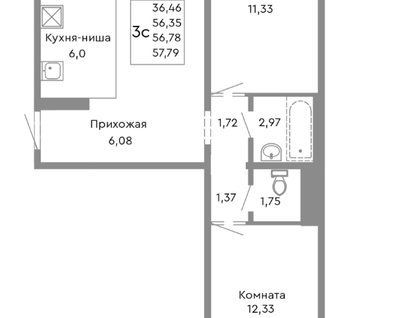 2-к. квартира, 56,4 м²