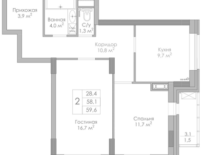 2-к. квартира, 59,6&nbsp;м²