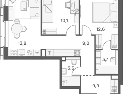 2-к. квартира, 57,1 м²
