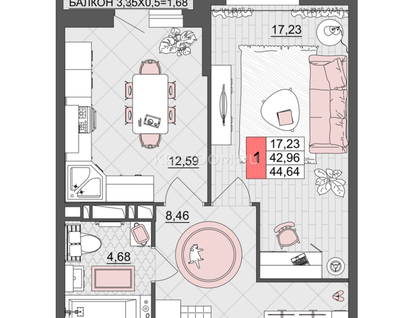 1-к. квартира, 43&nbsp;м²