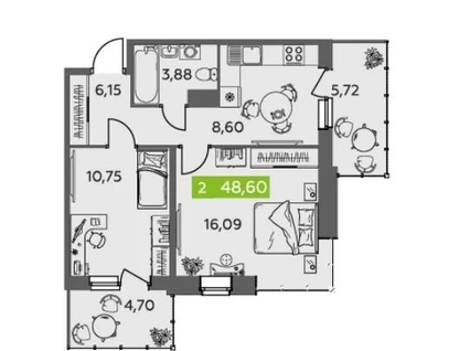 2-к. квартира, 48,6&nbsp;м²