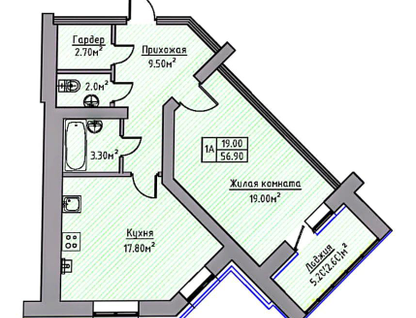 1-к. квартира, 52,9&nbsp;м²