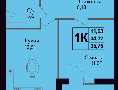 1-к. квартира, 35,8&nbsp;м²