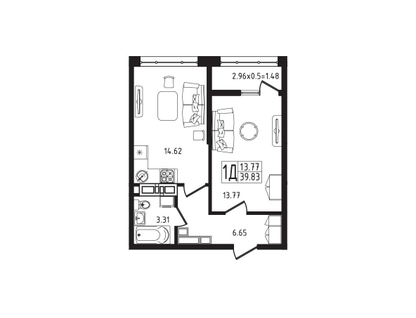 1-к. квартира, 39&nbsp;м²