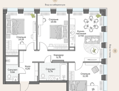 3-к. квартира, 75,6 м²