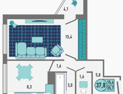 1-к. квартира, 37,8&nbsp;м²
