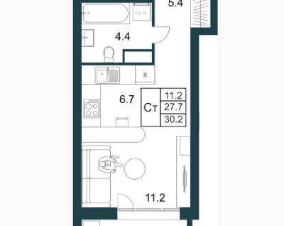 Студия, 30,2&nbsp;м²