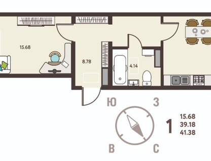 1-к. квартира, 41,4&nbsp;м²
