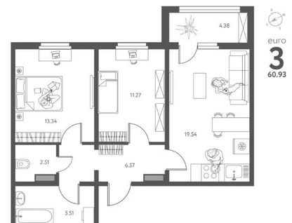 2-к. квартира, 60,9&nbsp;м²
