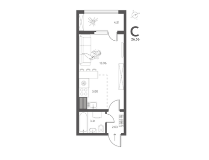 Студия, 26,6 м²