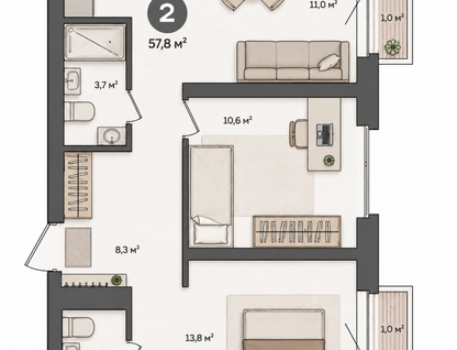 2-к. квартира, 57,8&nbsp;м²