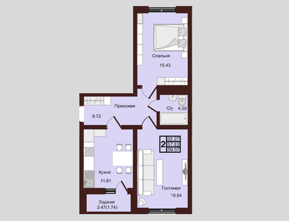 2-к. квартира, 59,6&nbsp;м²